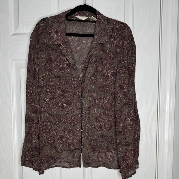 J. JILL Brown 100% Rayon Button Front Long Sleeve Blouse Size Large Petite - Picture 1 of 5